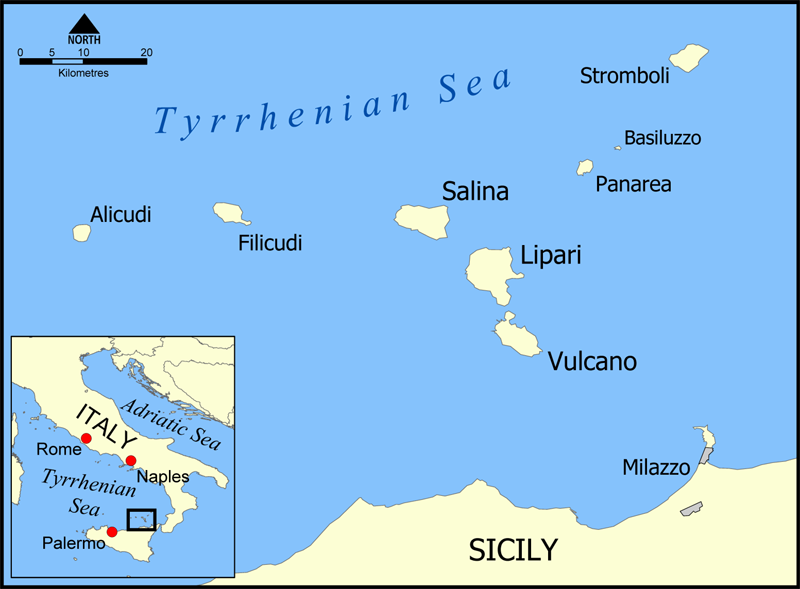 Map of the Aeolian Islands — Vulcano, Lipari, Salina, Stromboli, Panarea, Filicudi, Alicudi